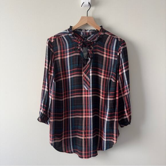 Torrid Plaid ruffle neck top keyhole tie 3/4 sleeve fall Autumn casual holiday - Picture 12 of 12